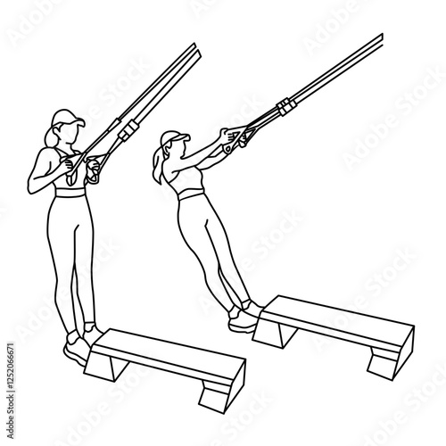 outline of woman fitness leggings exercising with Suspension Strap standing, gym woman icon, TRX gym