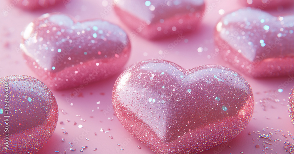 Fototapeta premium A pink heart with glitter on a soft pink background, evoking a romantic feel. The sparkling texture adds a playful touch, with ample space for text or creative designs, perfect for Valentine's Day.