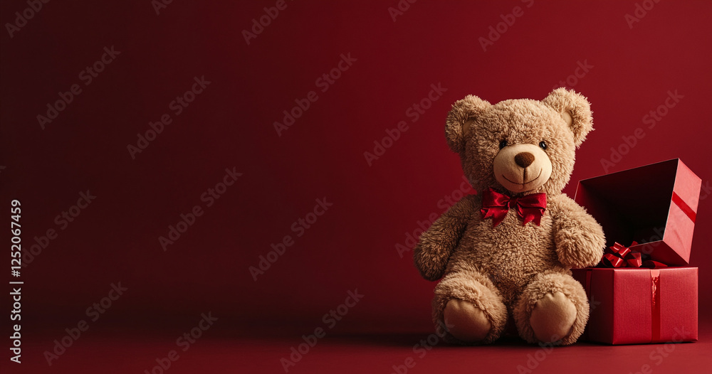 A teddy bear sits next to an open red gift box, set against a dark red background with copy space on one side, making this a perfect product image for a Valentine's Day gift or display. A teddy bear sits next to an open red gift box, set against a dark red background with copy space on one side, making this a perfect product image for a Valentine's Day gift or display.