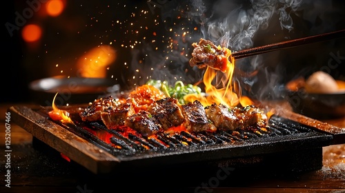 Person cooking meat on a hibachi grill with sizzling sounds and smoke in outdoor setting