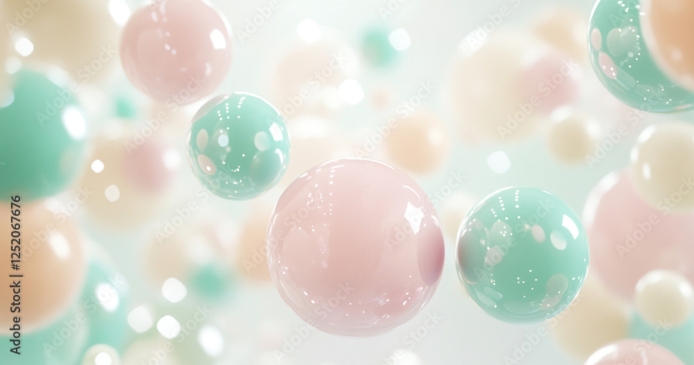 An abstract background featuring floating pastel blue and green spheres, softly blurred to create a light and airy aesthetic with a sense of gentle movement.