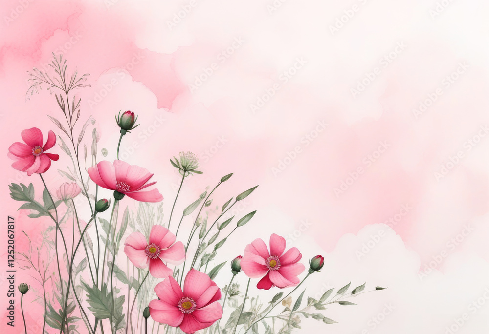 Naklejka premium Sanfte rosa Blumen und Gräser vor einem weichen pastellrosa Verlauf – ein romantisches Design in der Trendfarbe „Transcendent Pink“. Generative KI.