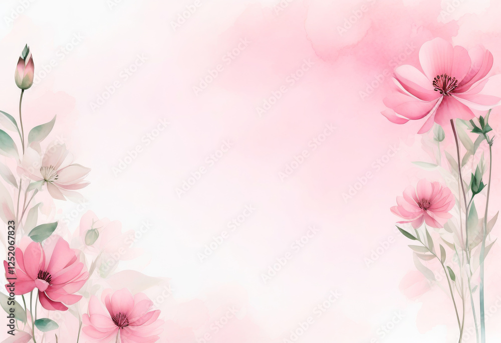 Zarte rosa Blumen mit grünen Blättern, stilvoll auf einem zarten Hintergrund mit pastellrosa Aquarellakzenten arrangiert – ein modernes Design in der Trendfarbe „Transcendent Pink“. Generative KI. Zarte rosa Blumen mit grünen Blättern, stilvoll auf einem zarten Hintergrund mit pastellrosa Aquarellakzenten arrangiert – ein modernes Design in der Trendfarbe „Transcendent Pink“. Generative KI.