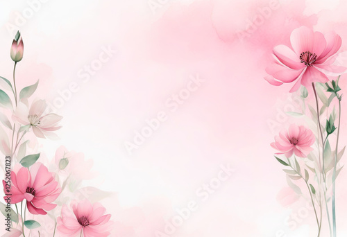 Zarte rosa Blumen mit grünen Blättern, stilvoll auf einem zarten Hintergrund mit pastellrosa Aquarellakzenten arrangiert – ein modernes Design in der Trendfarbe „Transcendent Pink“. Generative KI.