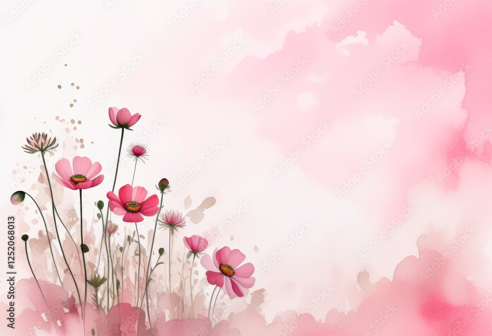 Naklejka premium Zarte rosa Blumen mit grünen Blättern, stilvoll auf einem zarten Hintergrund mit pastellrosa Aquarellakzenten arrangiert – ein modernes Design in der Trendfarbe „Transcendent Pink“. Generative KI.