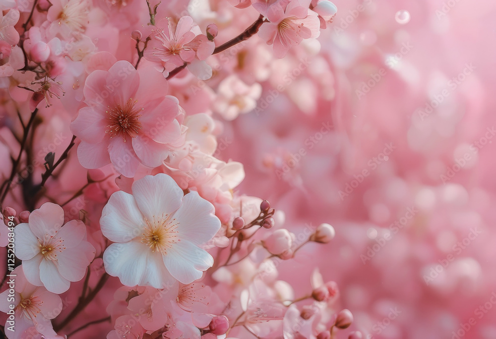 Obraz premium Ein üppiges Arrangement aus zarten rosa Blüten vor einem schimmernden, pastellrosa Hintergrund – luxuriös und romantisch in der Trendfarbe „Transcendent Pink“. Generative KI.