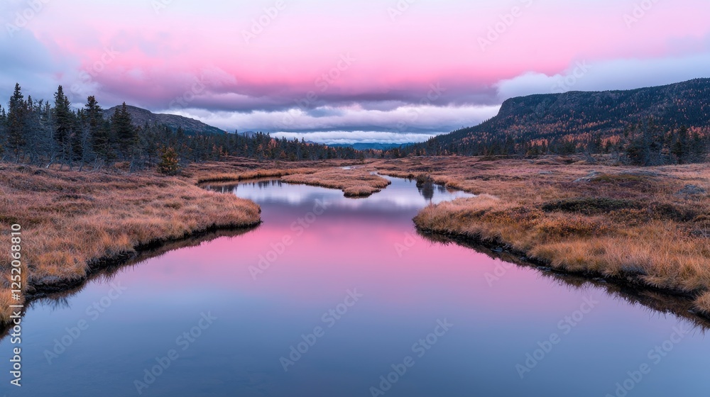Fototapeta premium Pink sunset reflects on calm autumn river, mountain backdrop