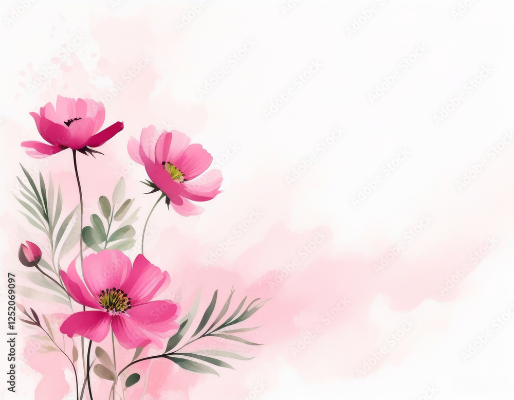 Naklejka premium Zarte rosa Blumen mit grünen Blättern, stilvoll auf einem zarten Hintergrund mit pastellrosa Aquarellakzenten arrangiert – ein modernes Design in der Trendfarbe „Transcendent Pink“. Generative KI.