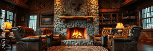 Cozy hunting lodge with stone fireplace and leather armchairs, wood paneling, hunting lodge, stone fireplace photo