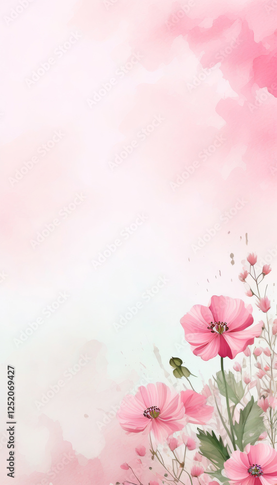 Naklejka premium Zarte rosa Blumen mit grünen Blättern, arrangiert auf einem sanften pastellrosa Hintergrund – romantisch, leicht und naturverbunden. Generative KI.