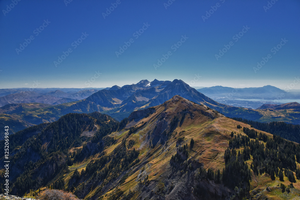Fototapeta premium Mount Timpanogos Peak landscape view from Box Elder Peak, Wasatch Range Rocky Mountains, Uinta-Wasatch-Cache National Forest, Utah, United States