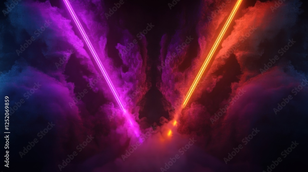 Fototapeta premium Abstract neon light beams cutting through vibrant colored smoke in a dark atmosphere