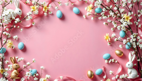 Pink Easter background with eggs and spring flowers arranged as a frame.