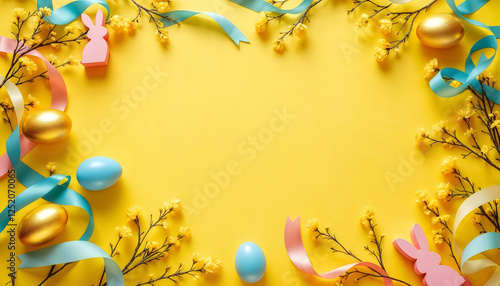 Yellow Easter background with eggs and spring flowers arranged as a frame