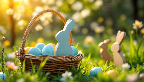 Colored or decorated Easter eggs in the basket and Easter Bunnies on the green grass under blooming spring bushes.