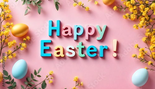 “Happy Easter” - easter poster or banner with eggs and spring flowers arranged as a frame.