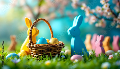 Colored or decorated Easter eggs in the basket and Easter Bunnies on the green grass under blooming spring bushes.