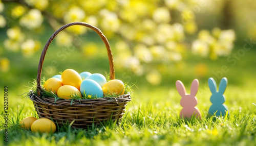 Colored or decorated Easter eggs in the basket and Easter Bunnies on the green grass under blooming spring bushes.