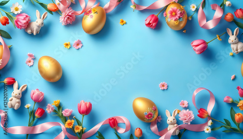 Blue Easter background with eggs and spring flowers arranged as a frame.