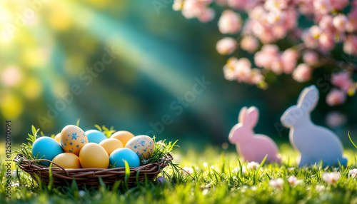 Colored or decorated Easter eggs in the basket and Easter Bunnies on the green grass under blooming spring bushes.