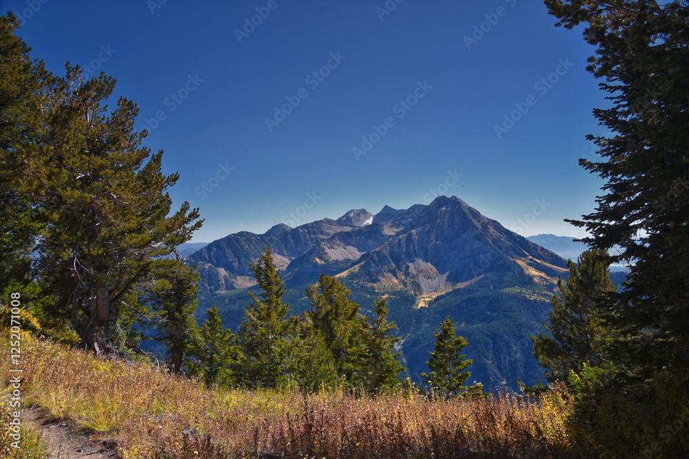 Mount Timpanogos Peak landscape view from Box Elder Peak, Wasatch Range Rocky Mountains, Uinta-Wasatch-Cache National Forest, Utah, United States