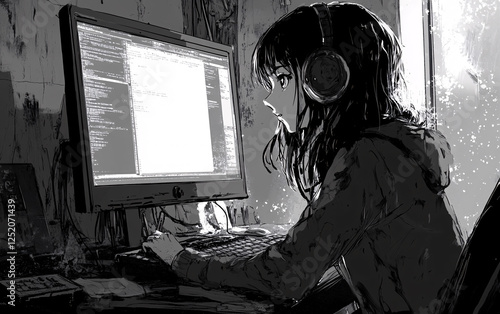 Black-and-White Anime-Style Illustration of a Young person Working on a Computer, Representing Technology, Study, and Digital Creativity photo