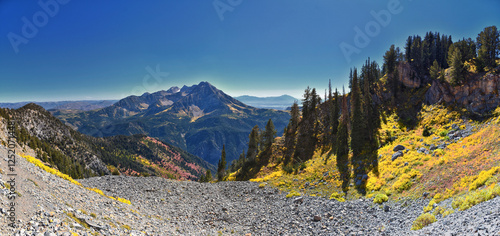 Mount Timpanogos Peak landscape view from Box Elder Peak, Wasatch Range Rocky Mountains, Uinta-Wasatch-Cache National Forest, Utah, United States photo