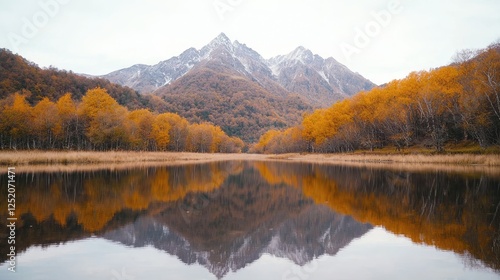 Autumnal lake reflecting snowy mountains (10)