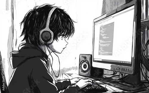 Black-and-White Anime-Style Illustration of a Young person Working on a Computer, Representing Technology, Study, and Digital Creativity photo