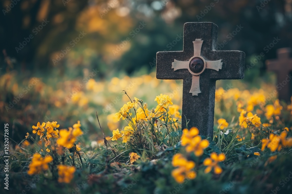 Green grass with yellow flowers on a field with an embedded cross Green grass with yellow flowers on a field with an embedded cross