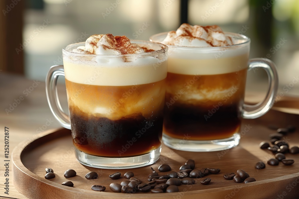 Two glass cups of cappuccino with cream on a wooden tray Two glass cups of cappuccino with cream on a wooden tray