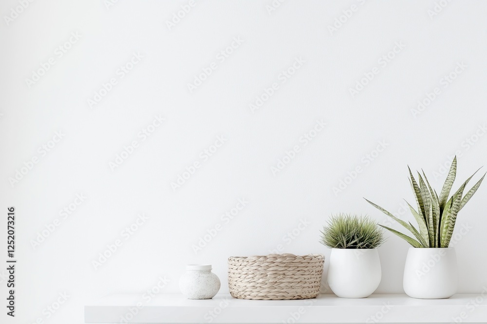Minimalist shelf hanging on a blank wall with a green plant in a white pot Minimalist shelf hanging on a blank wall with a green plant in a white pot