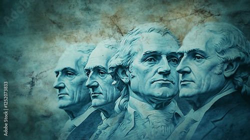 Portraits of U.S. Founding Fathers adorn a solemn marble wall, representing guardians of the constitution.