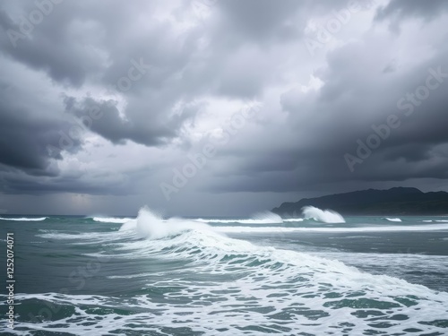 Dark grey storm clouds gather above the coastline of Buka, with waves crashing against the shore and spray flying high into the air, ocean, tropical, buka photo