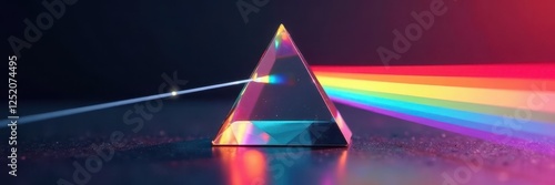 Close-up of prism dispersing light into rainbow spectrum, photon, refraction, diffraction