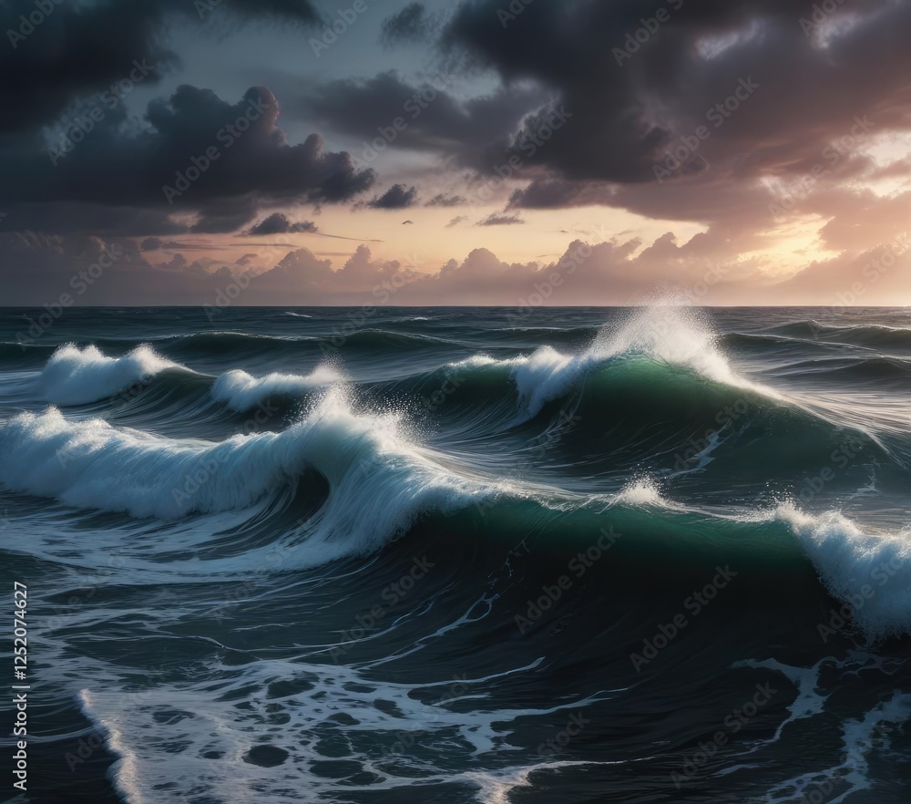 Obraz premium Dark mysterious ocean with waves crashing against the shore, salty, moody