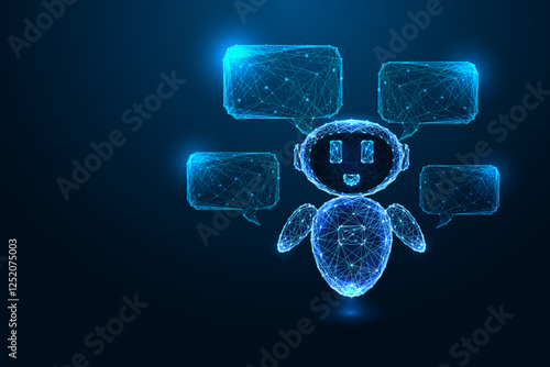 AI communication, automation, virtual assistance concept with glowing chatbot and speech bubbles. 