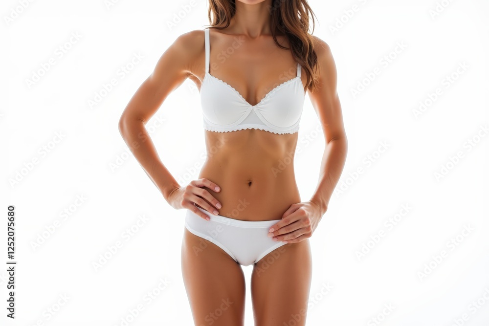 Female Model in White Lingerie Posing Confidently in Bright Lighting, Showcasing Body Positivity and Fashion in a Minimalist Studio Setting Female Model in White Lingerie Posing Confidently in Bright Lighting, Showcasing Body Positivity and Fashion in a Minimalist Studio Setting
