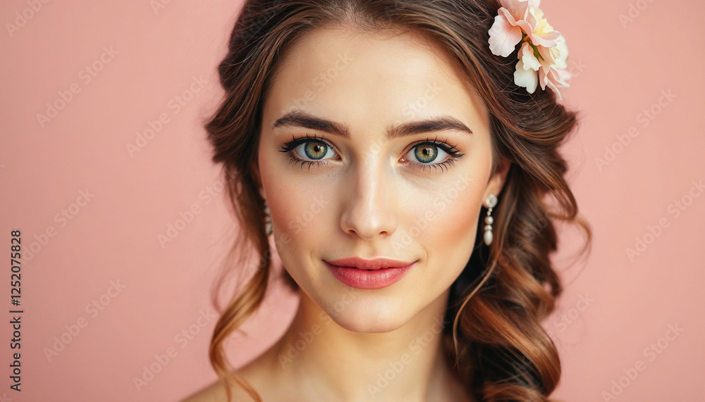 Fototapeta premium Elegant close-up portrait of a young woman with styled hair, soft makeup, and floral accessory, posing against a pink background. Captures beauty, femininity, and sophistication