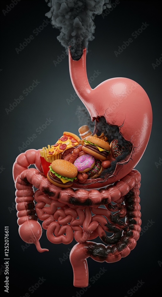 Naklejka premium Unhealthy Eating Habits and Digestive Diseases: Exploring the Long-Term Consequences. The Impact of Poor Diet on Gastrointestinal Disorders: A Hidden Health Crisis