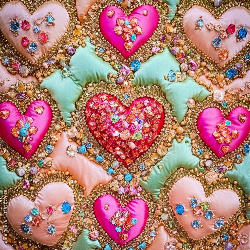 A quilt with colorful hearts on a vibrant red background A quilt with colorful hearts on a vibrant red background