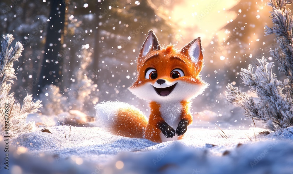 Obraz premium Adorable Cartoon Fox in Winter Wonderland
