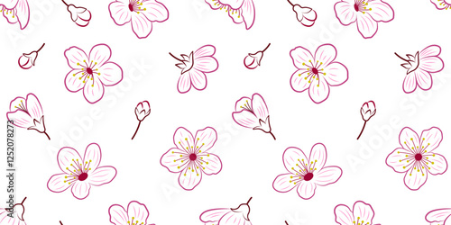 Seamless pattern with colored outlines of sakura flowers and buds on a white background for textile, fabric, wrapping paper. Botanical pattern with cherry blossom.