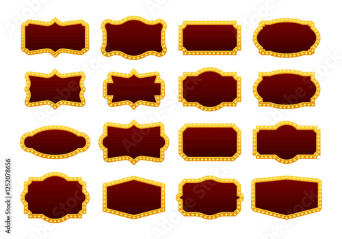 Gold frame with light bulbs shining brightly illuminating dark red background