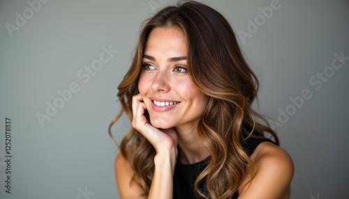 Portrait of a cheerful woman with shiny wavy hair, wearing a casual black top, posing against a neutral gray background. She is smiling warmly, exuding confidence and positivity.

