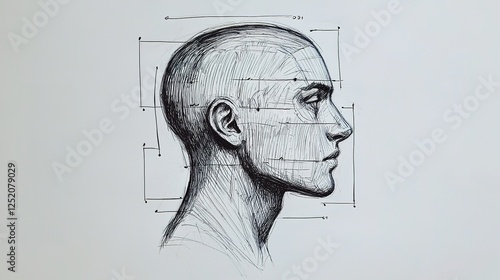 A detailed sketch of a human head in profile, showcasing facial proportions and features outlined with geometric shapes.