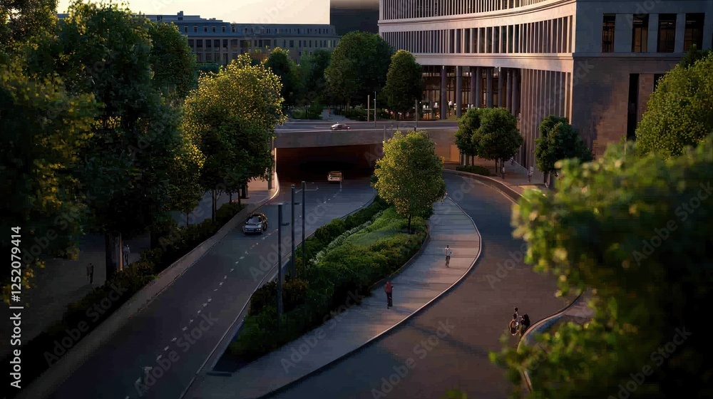 Urban road curving near modern building sunset Urban road curving near modern building sunset