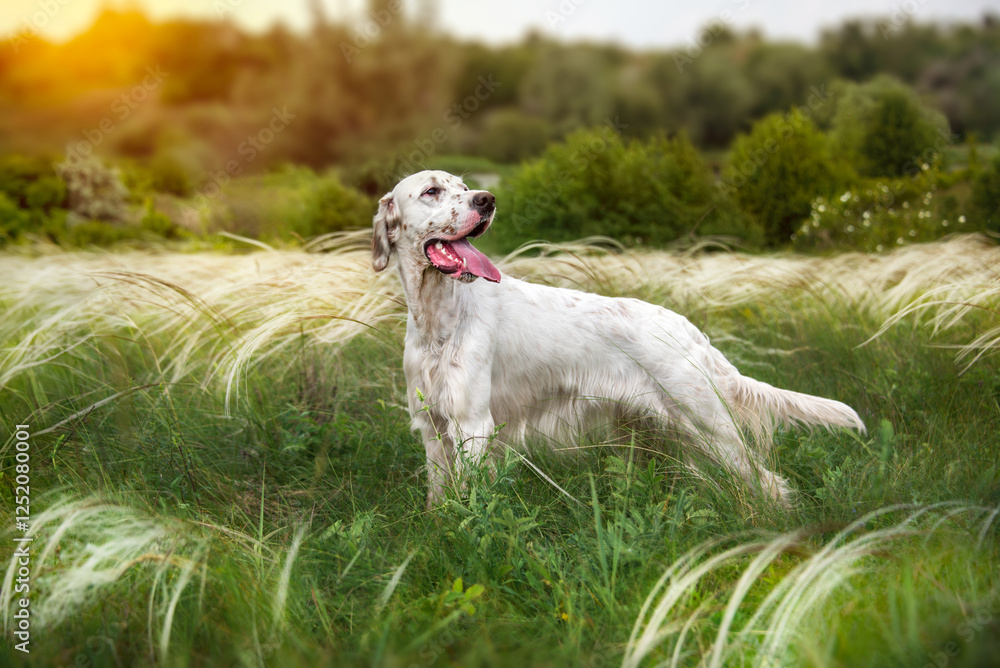 Beautiful white English setter stands in tall thickets of feather grass in the rays of the evening sun. Pheasant and partridge hunting. Hunting dogs. Soft focus. Selective focus. Beautiful white English setter stands in tall thickets of feather grass in the rays of the evening sun. Pheasant and partridge hunting. Hunting dogs. Soft focus. Selective focus.