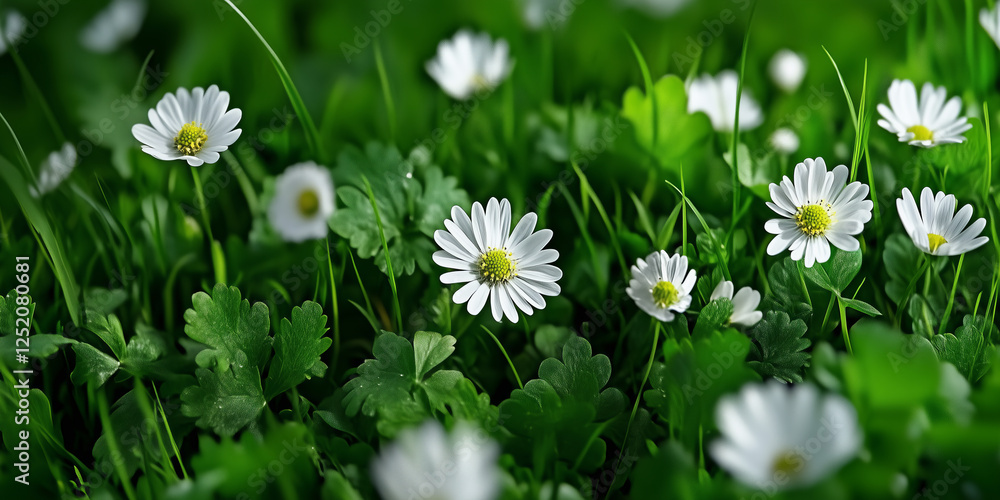 Closeup Of White Flowers And Green Grass Closeup Of White Flowers And Green Grass