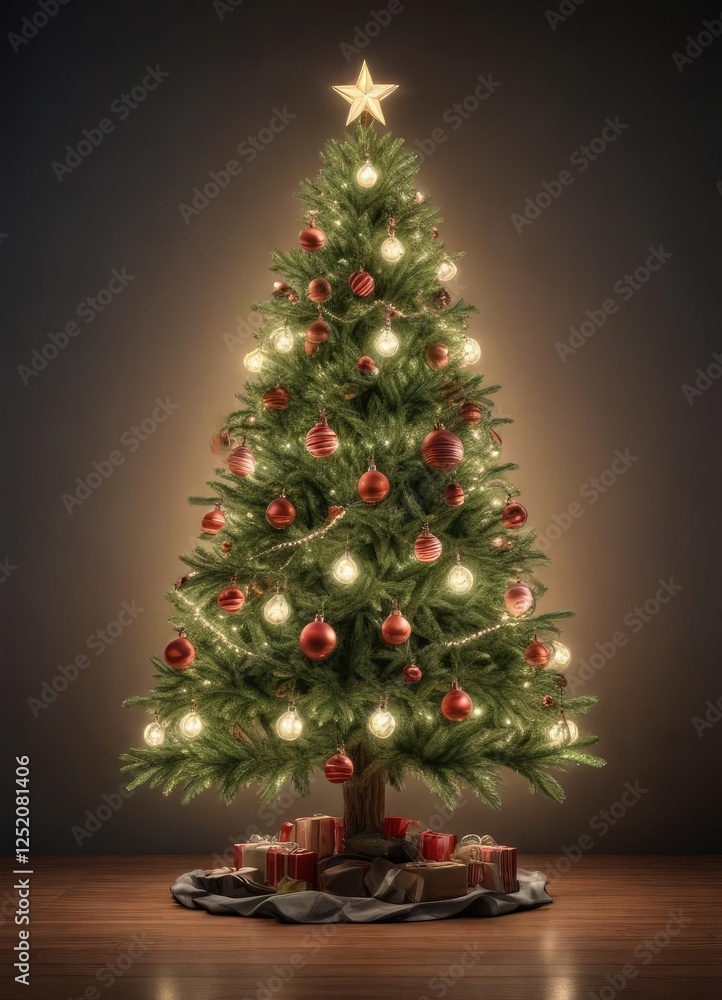 Detailed drawing of a Christmas tree with ornaments and lights, tree decorating, holiday Detailed drawing of a Christmas tree with ornaments and lights, tree decorating, holiday